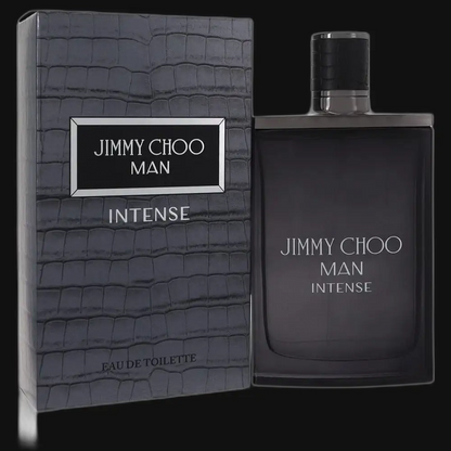 Men's cologne and matching box, dark bottle with black cap and Jimmy Choo Man