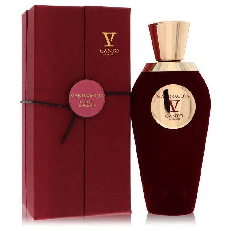 Burgundy unisex perfume bottle by V Canto with gold cap and front label