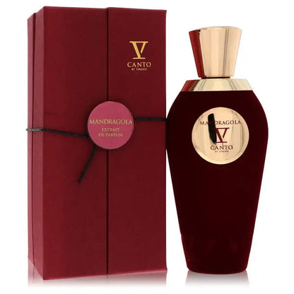 Burgundy unisex perfume bottle by V Canto with gold cap and front label