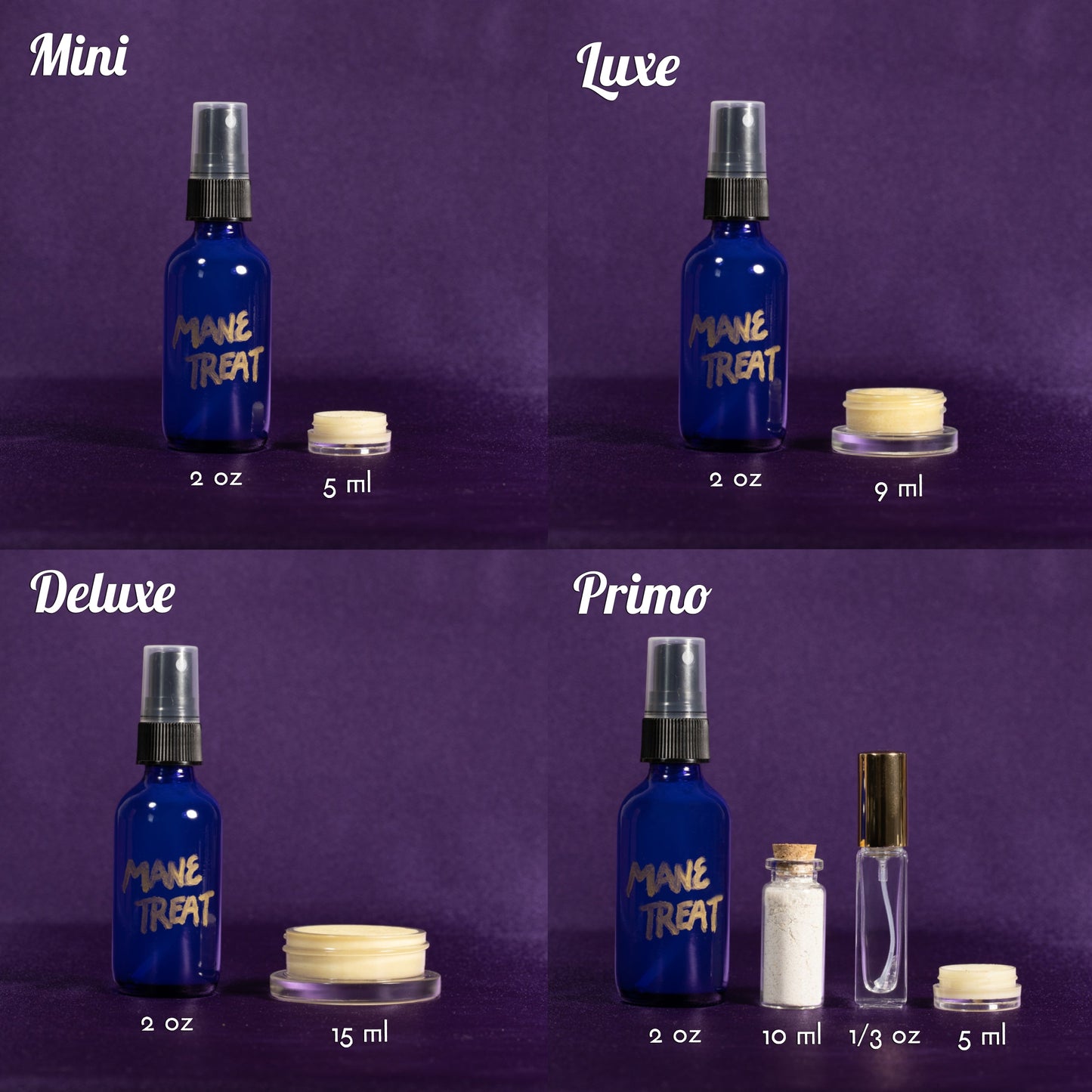 Mane Treat bundle sizes: mini, deluxe, and primo blue spray bottles with cream jars