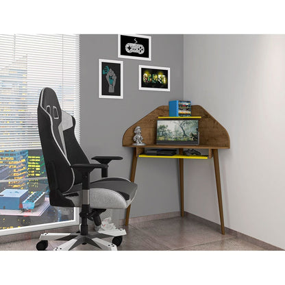 Manhattan Comfort Bradley Corner Desk with Keyboard Shelf in Rustic Brown and Yellow - Renee Lane Company