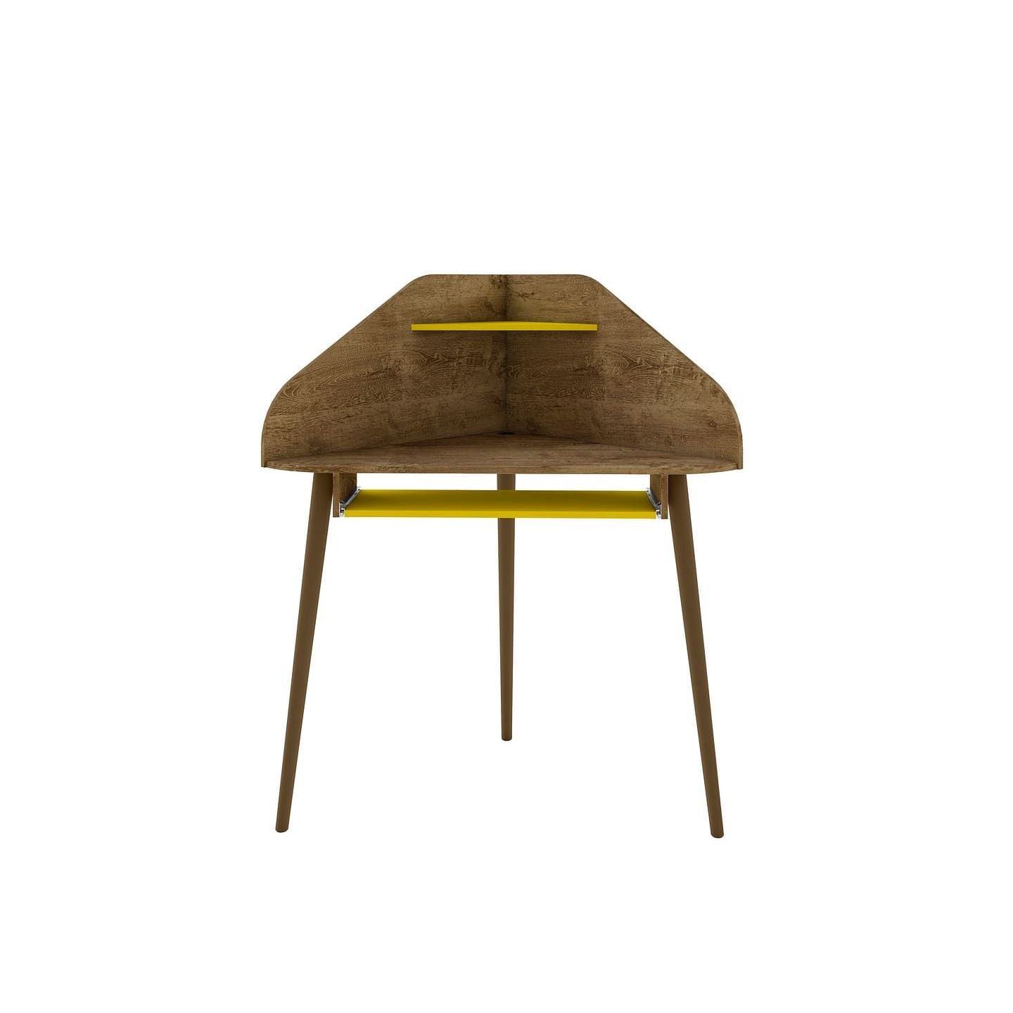 Manhattan Comfort Bradley Corner Desk with Keyboard Shelf in Rustic Brown and Yellow - Renee Lane Company