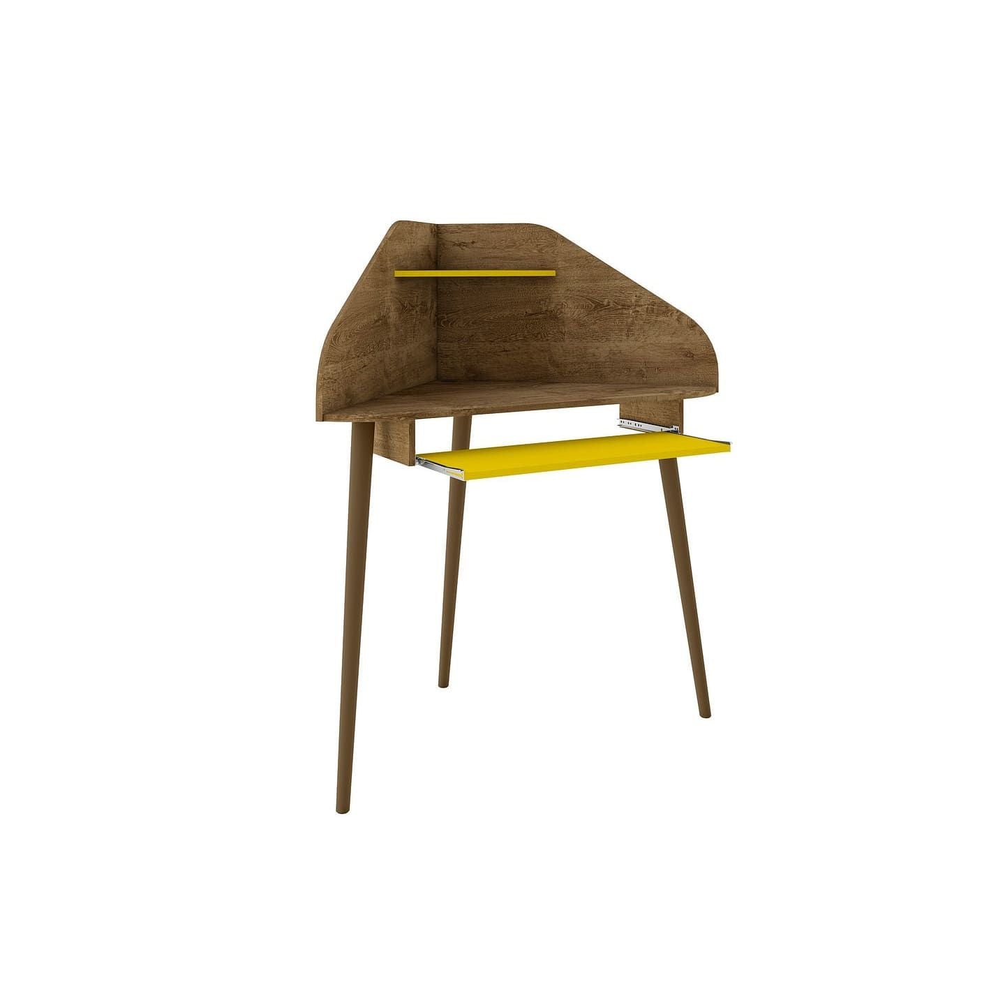 Manhattan Comfort Bradley Corner Desk with Keyboard Shelf in Rustic Brown and Yellow - Renee Lane Company