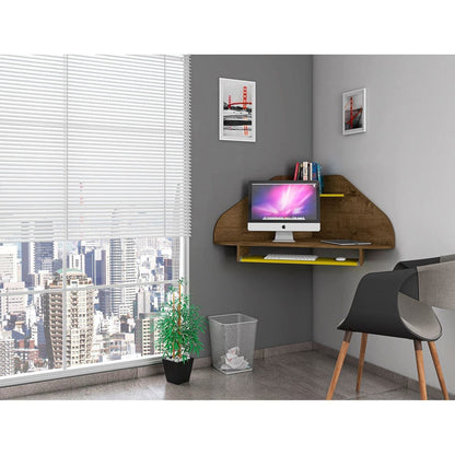 Manhattan Comfort Bradley Corner Desk with Keyboard Shelf in Rustic Brown and Yellow - Renee Lane Company