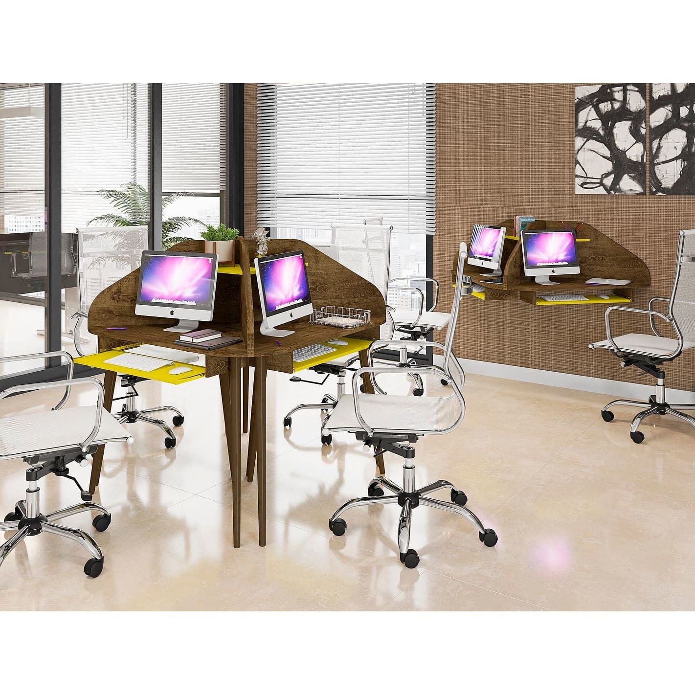 Manhattan Comfort Bradley Corner Desk with Keyboard Shelf in Rustic Brown and Yellow - Renee Lane Company