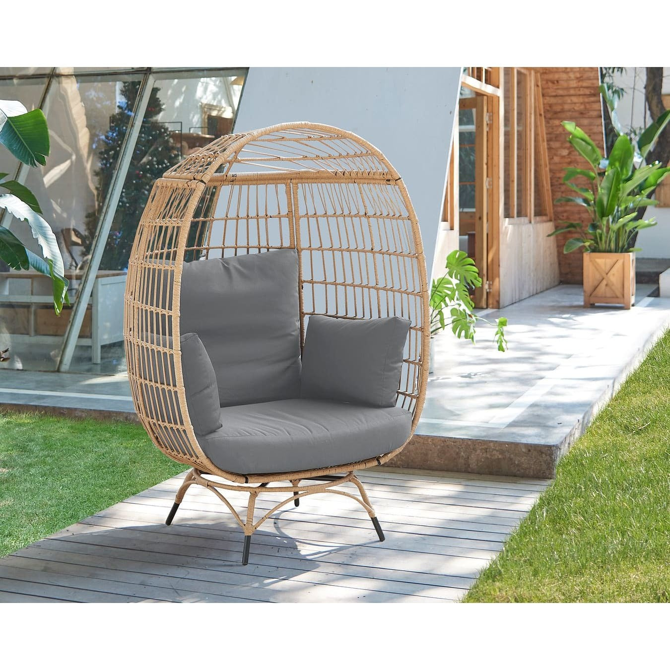 Manhattan Comfort Spezia Freestanding Steel and Rattan Outdoor Egg Chair with Cushions in Grey - Renee Lane Company