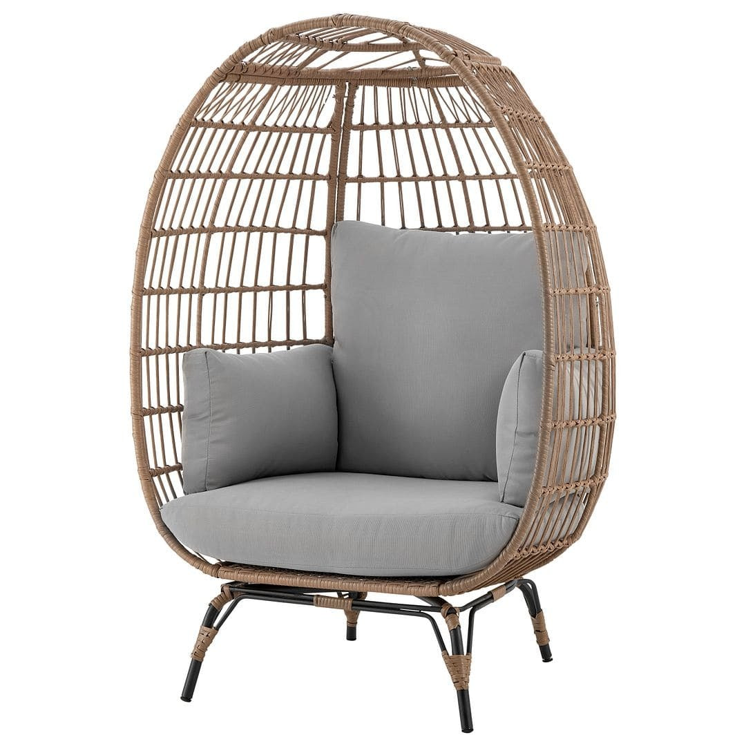 Manhattan Comfort Spezia Freestanding Steel and Rattan Outdoor Egg Chair with Cushions in Grey - Renee Lane Company