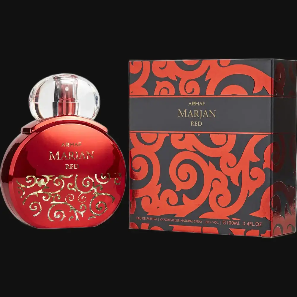 Men's red cologne bottle with clear cap and Armaf Marjan Red box