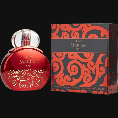 Men's red cologne bottle with clear cap and Armaf Marjan Red box