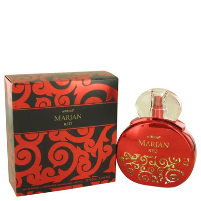 Men's red cologne bottle beside Armaf Marjan Red gift box