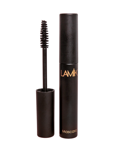 Black mascara tube and wand with bristled brush, open container visible