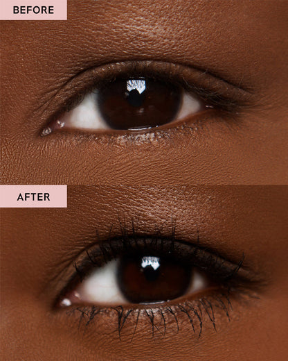 Black mascara on eyelashes, before and after eye close-up