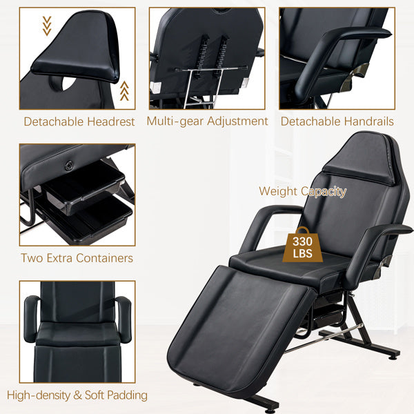 Massage Salon Tattoo Chair with Two Trays Esthetician Bed with Hydraulic Stool, Multi-Purpose 3-Section Facial Bed Table, Adjustable Beauty Barber Spa Beauty Equipment, Black - Renee Lane Company