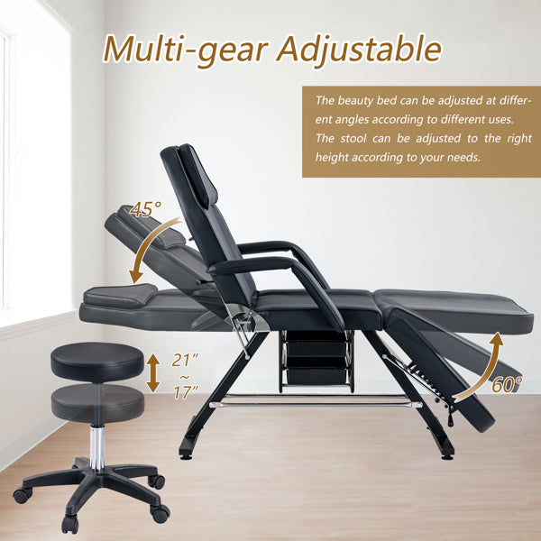 Massage Salon Tattoo Chair with Two Trays Esthetician Bed with Hydraulic Stool, Multi-Purpose 3-Section Facial Bed Table, Adjustable Beauty Barber Spa Beauty Equipment, Black - Renee Lane Company