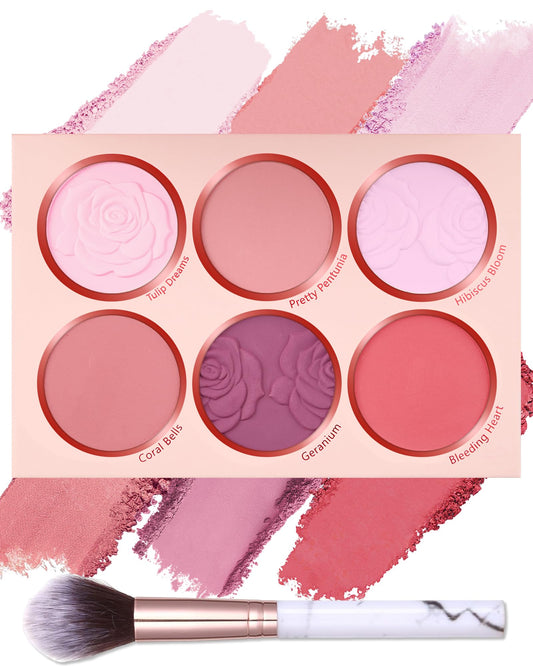 Matte Face Blush Palette with Brush-6 Colors Pink Purple Silky Mineral Blendable Blusher Contour Powder for CheeksLonglasting Facial Beauty CosmeticValentines Day Makeup Gift for Women Girl-Set 01 - Renee Lane Company