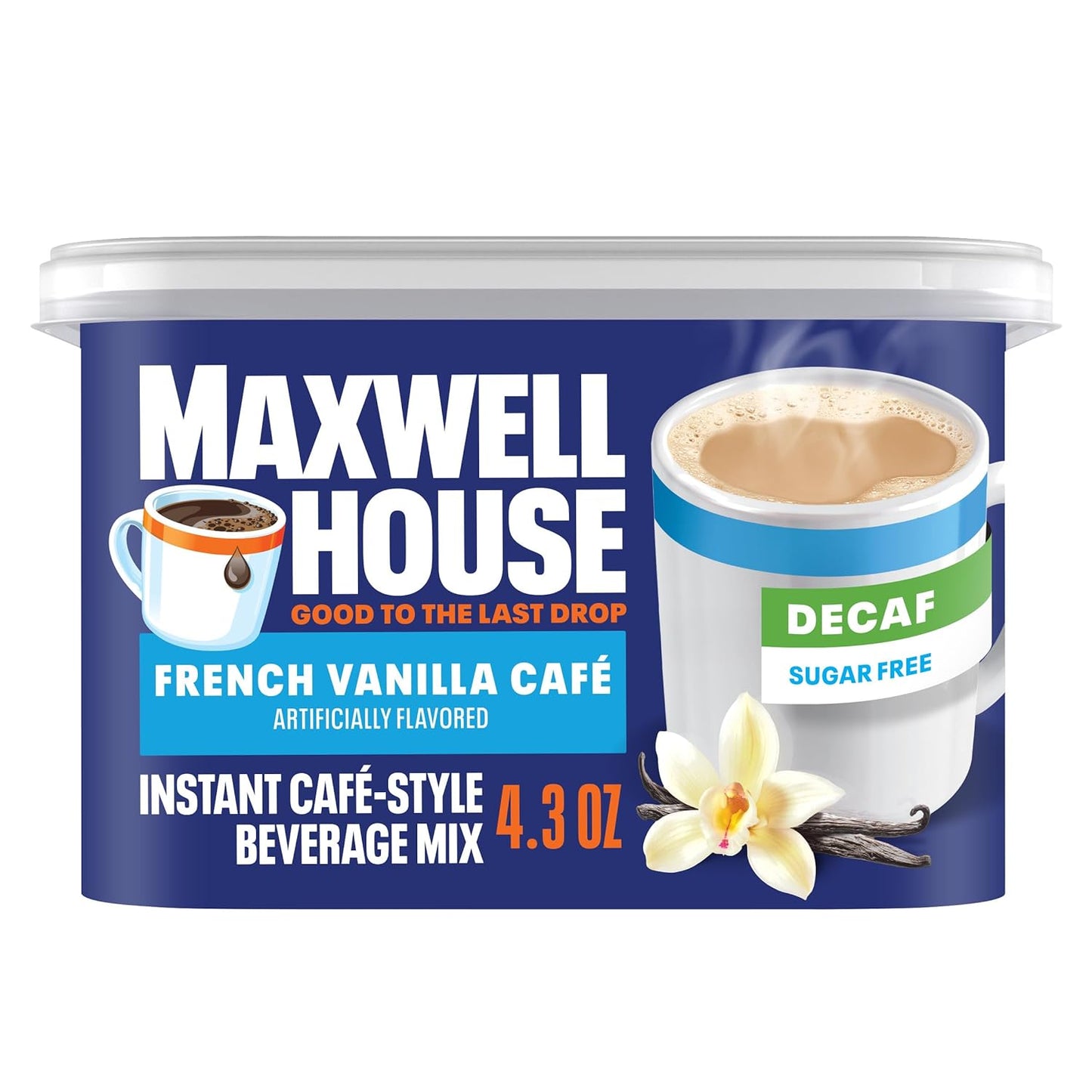Maxwell House Instant Cafe-Style Beverage Mix, Decaf and Sugar Free, Easy to Prepare, 1 Canister, for Quick Morning Coffee or Afternoon Treat, French Vanilla Cafe, Kosher Dairy, 4.3 oz - Renee Lane Company