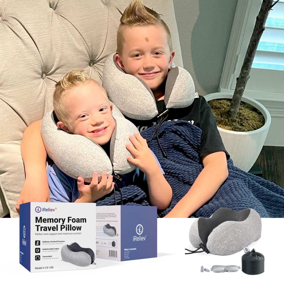 Memory foam travel pillow, gray U-shaped neck support with black strap
