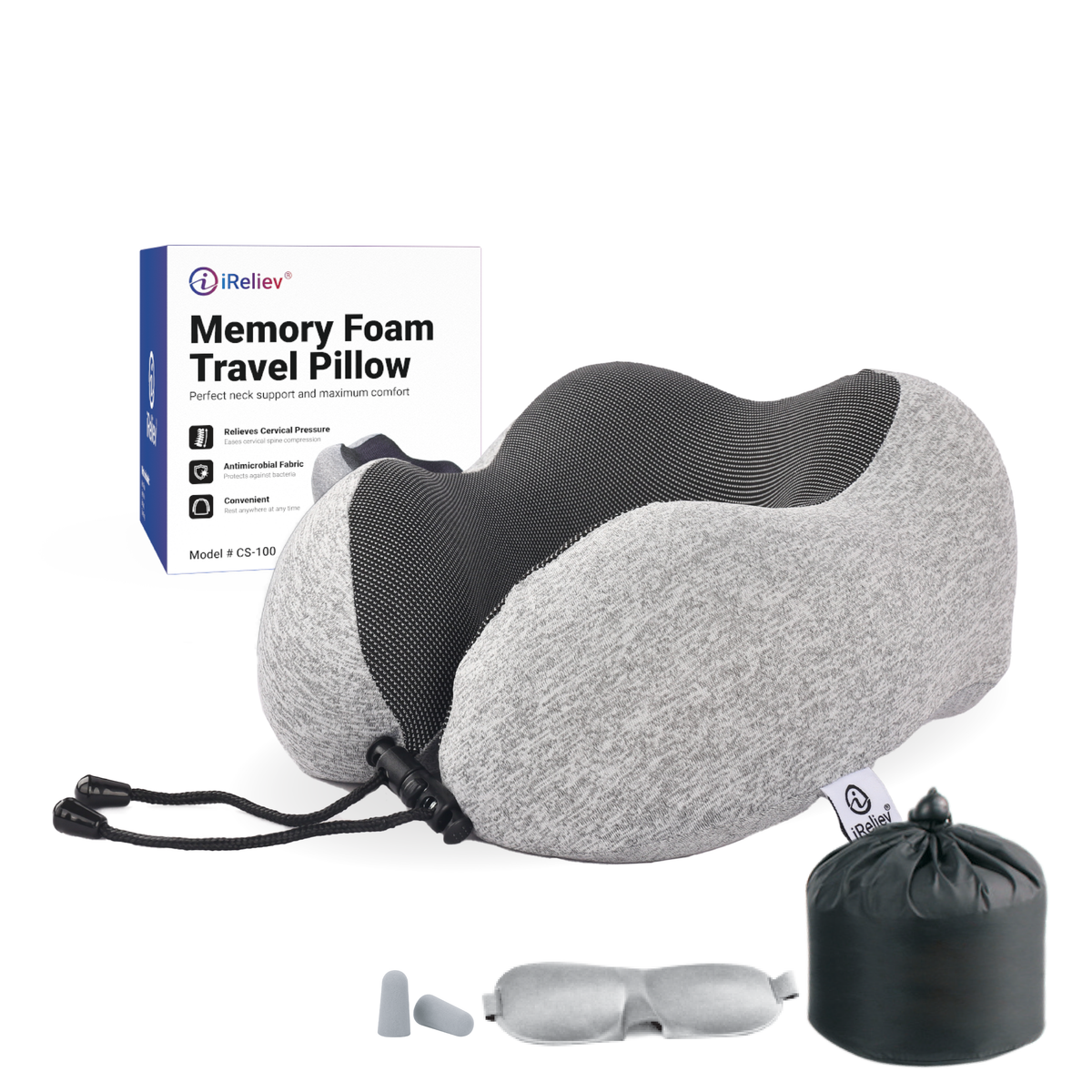 Memory foam travel pillow, gray with dark inner support, drawstring pouch and earbuds