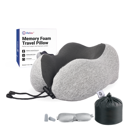 Memory foam travel pillow, gray with dark inner support, drawstring pouch and earbuds