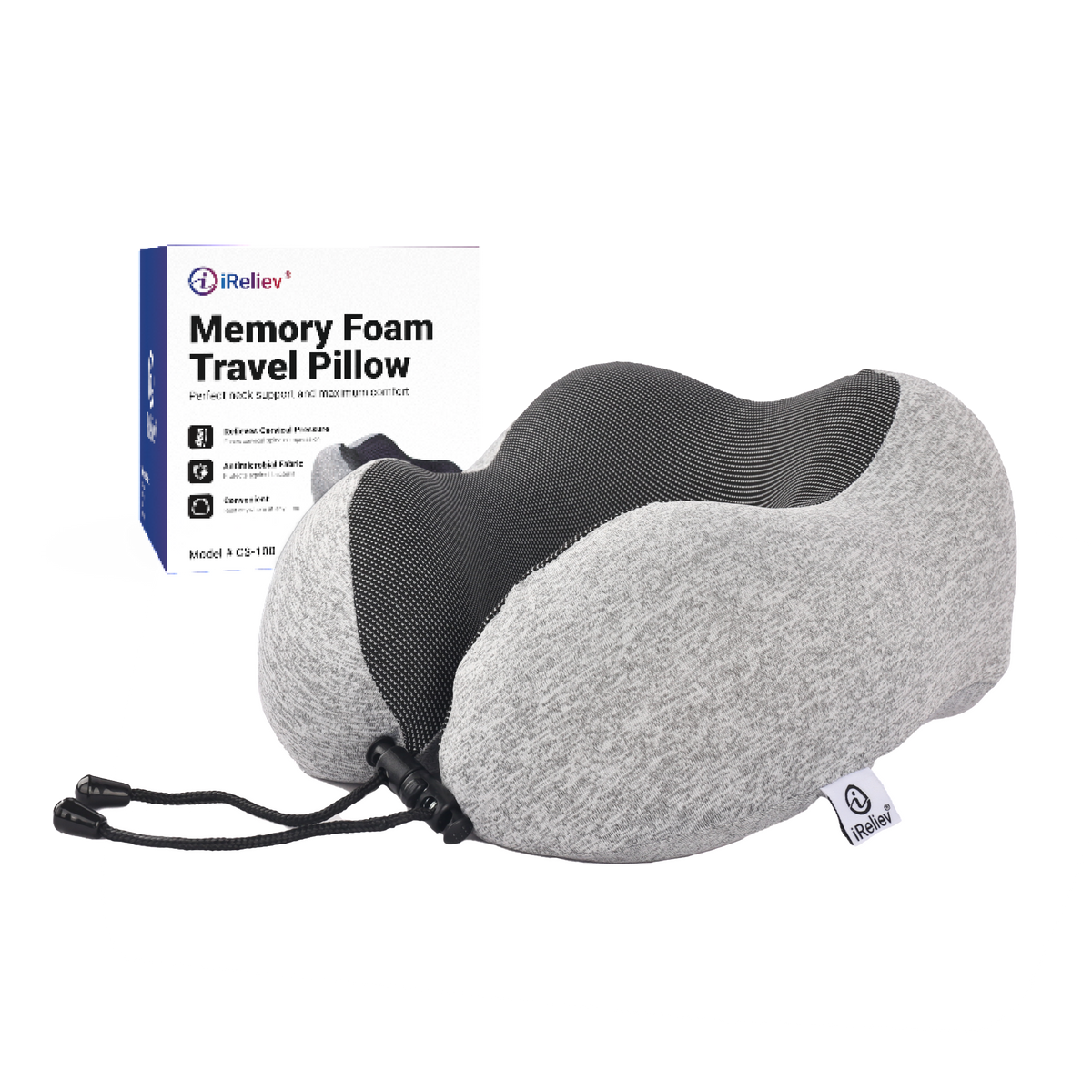 Memory foam travel pillow, gray U-shape with black center insert and attached drawcord