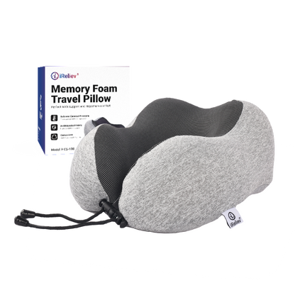 Memory foam travel pillow, gray U-shape with black center insert and attached drawcord