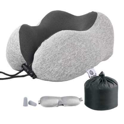 Memory foam travel pillow with gray neck cushion, eye mask pouch and earplugs