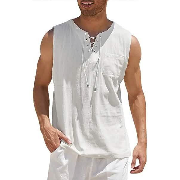 Men's Cotton Linen Tank Top Shirts Casual Sleeveless Lace Up Beach Hippie Tops Bohemian Renaissance Pirate Tunic - Renee Lane Company