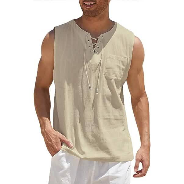 Men's Cotton Linen Tank Top Shirts Casual Sleeveless Lace Up Beach Hippie Tops Bohemian Renaissance Pirate Tunic - Renee Lane Company