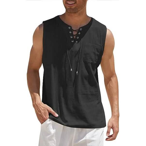 Men's Cotton Linen Tank Top Shirts Casual Sleeveless Lace Up Beach Hippie Tops Bohemian Renaissance Pirate Tunic - Renee Lane Company
