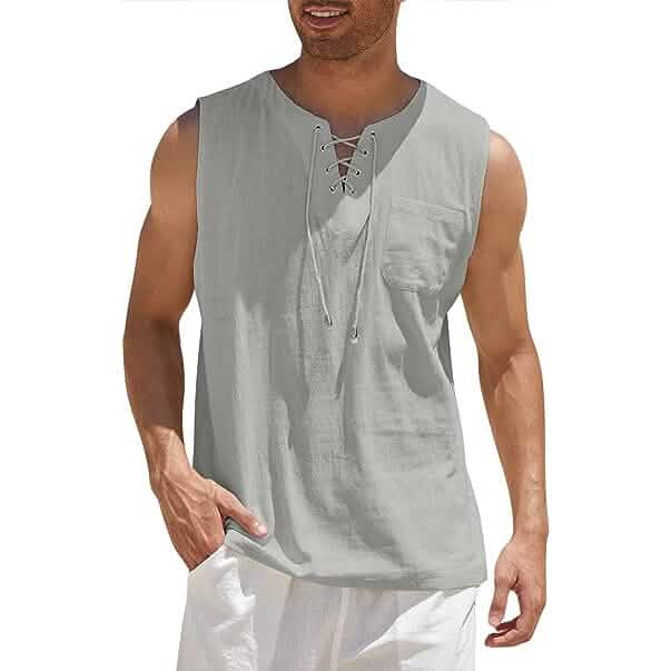 Men's Cotton Linen Tank Top Shirts Casual Sleeveless Lace Up Beach Hippie Tops Bohemian Renaissance Pirate Tunic - Renee Lane Company