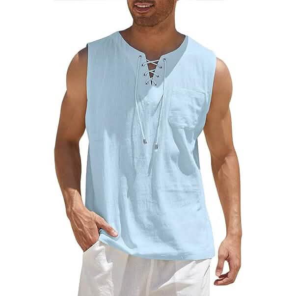 Men's Cotton Linen Tank Top Shirts Casual Sleeveless Lace Up Beach Hippie Tops Bohemian Renaissance Pirate Tunic - Renee Lane Company