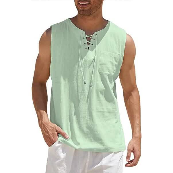 Men's Cotton Linen Tank Top Shirts Casual Sleeveless Lace Up Beach Hippie Tops Bohemian Renaissance Pirate Tunic - Renee Lane Company