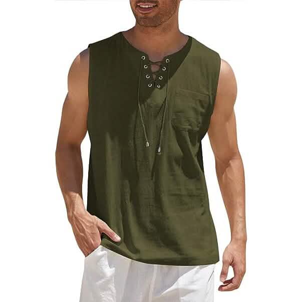 Men's Cotton Linen Tank Top Shirts Casual Sleeveless Lace Up Beach Hippie Tops Bohemian Renaissance Pirate Tunic - Renee Lane Company