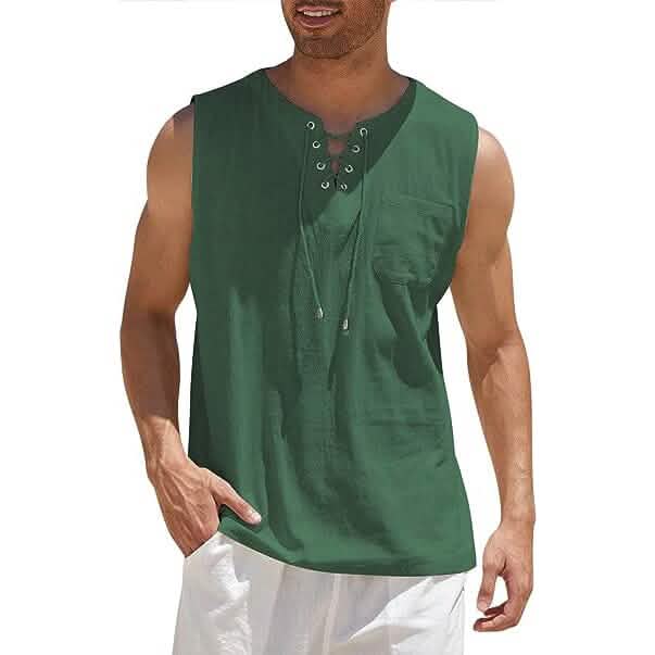 Men's Cotton Linen Tank Top Shirts Casual Sleeveless Lace Up Beach Hippie Tops Bohemian Renaissance Pirate Tunic - Renee Lane Company