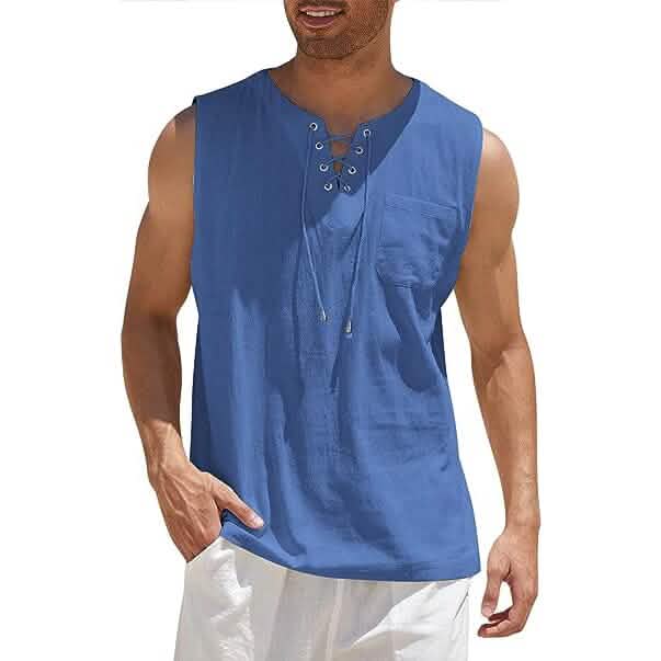 Men's Cotton Linen Tank Top Shirts Casual Sleeveless Lace Up Beach Hippie Tops Bohemian Renaissance Pirate Tunic - Renee Lane Company