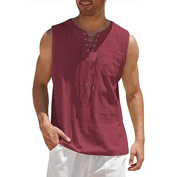 Men's Cotton Linen Tank Top Shirts Casual Sleeveless Lace Up Beach Hippie Tops Bohemian Renaissance Pirate Tunic - Renee Lane Company