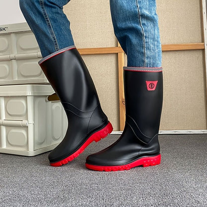 Men's knee-high rain boots, black with red tread sole and accent trim