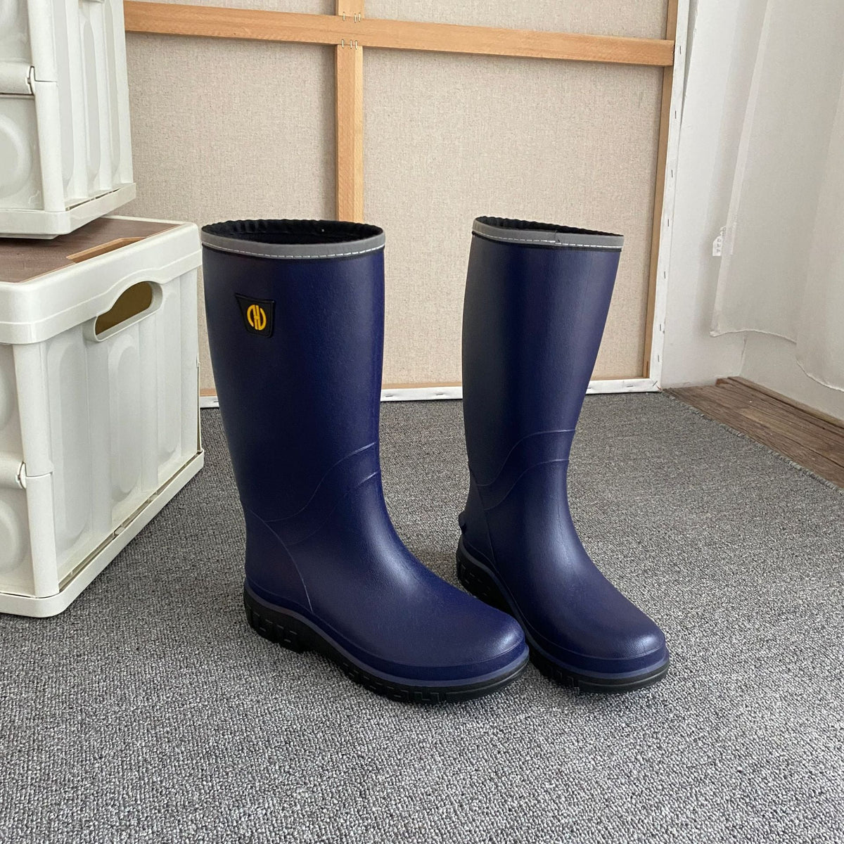 Men's knee-high rain boots, navy blue with black tread sole