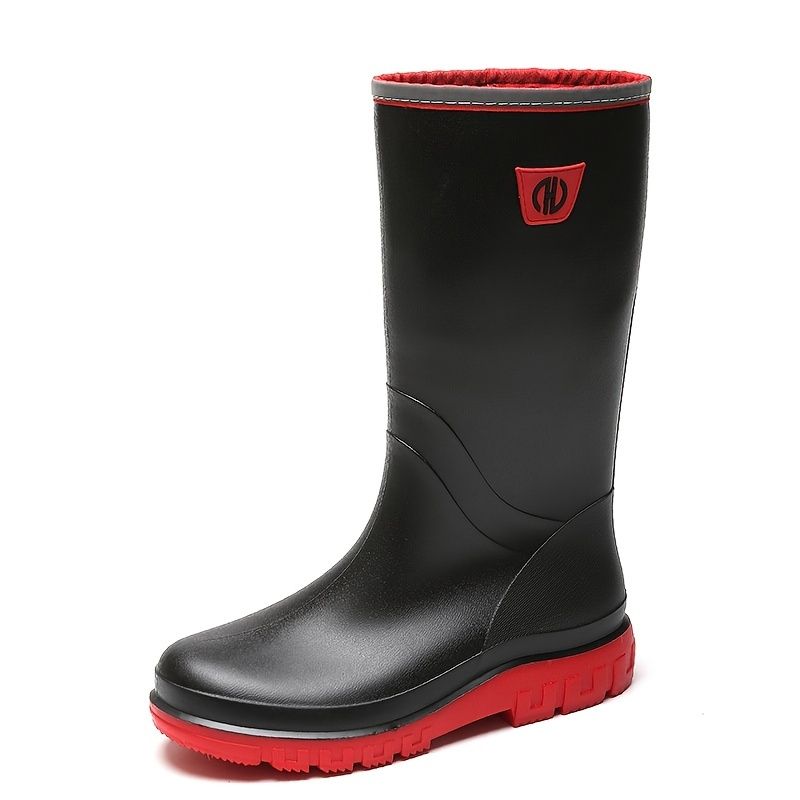 Men's knee-high rain boot, black with red outsole and logo on side