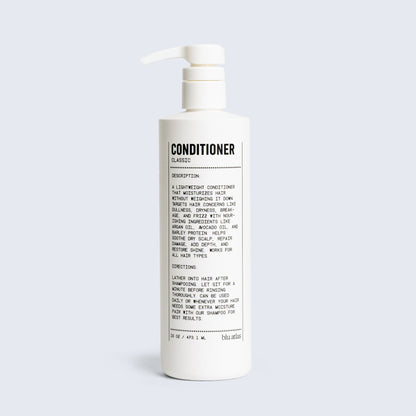Conditioner bottle with pump, classic scent label visible