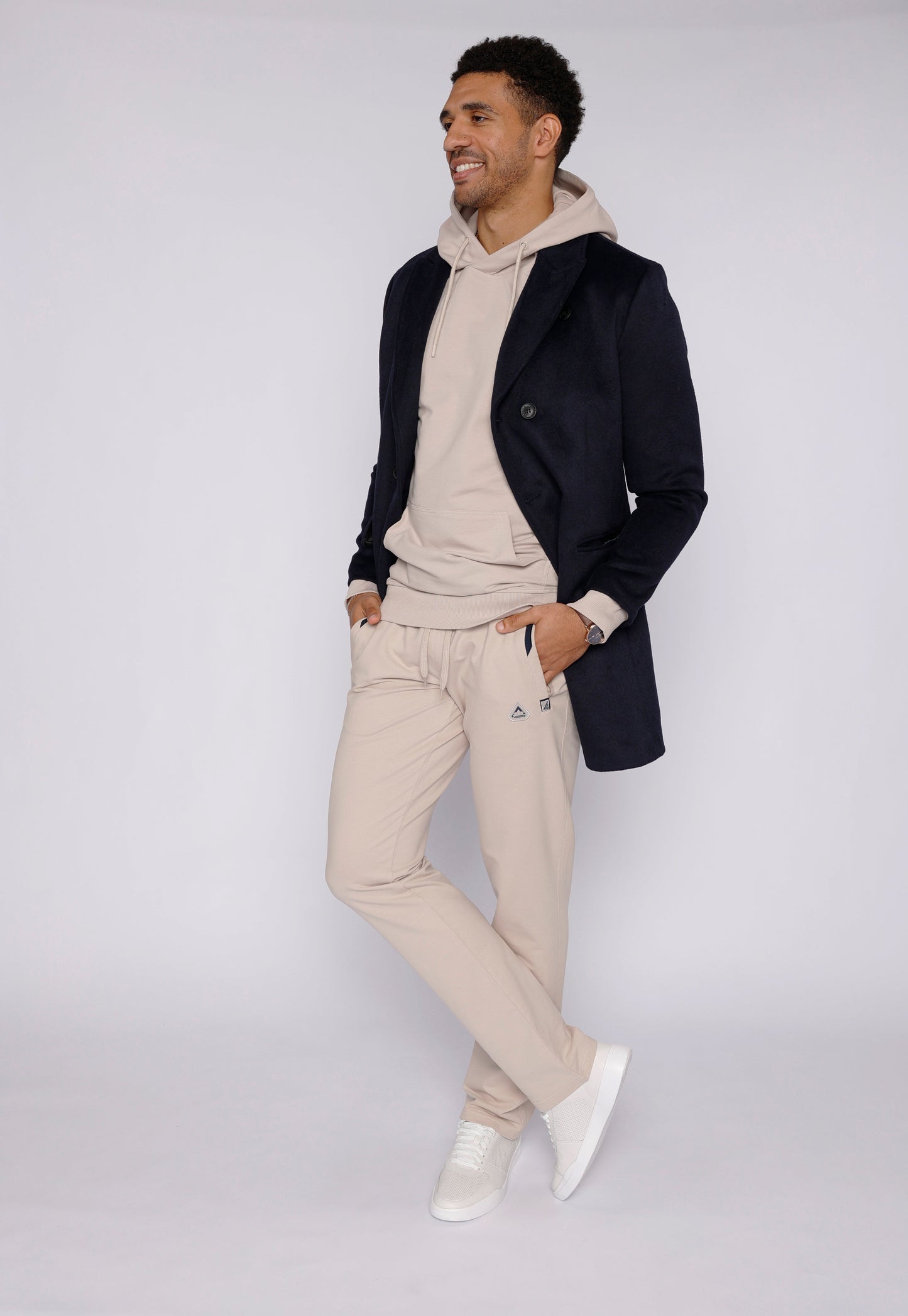 Men’s athletic straight sweatpants in tan beige, drawstring elastic waist, side pockets