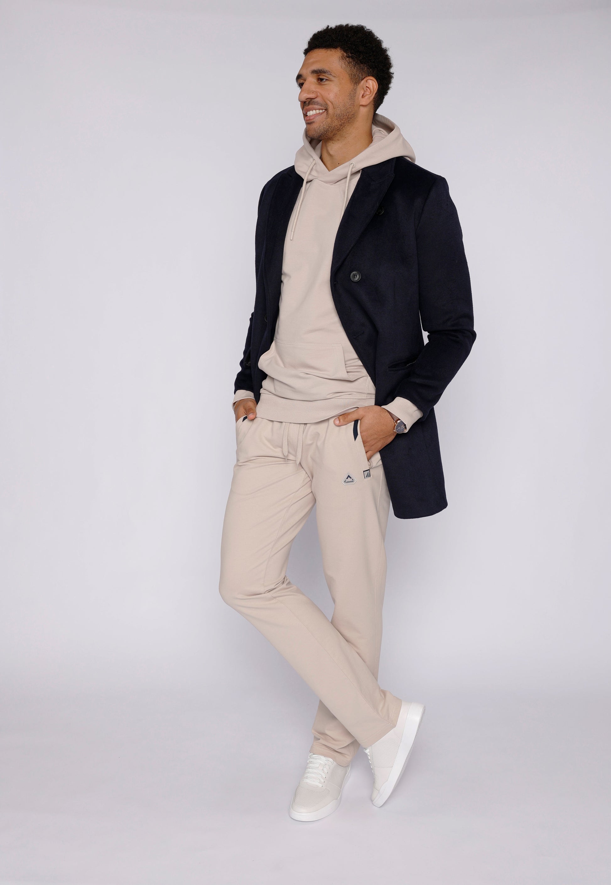 Men’s athletic straight sweatpants in tan beige, drawstring elastic waist, side pockets