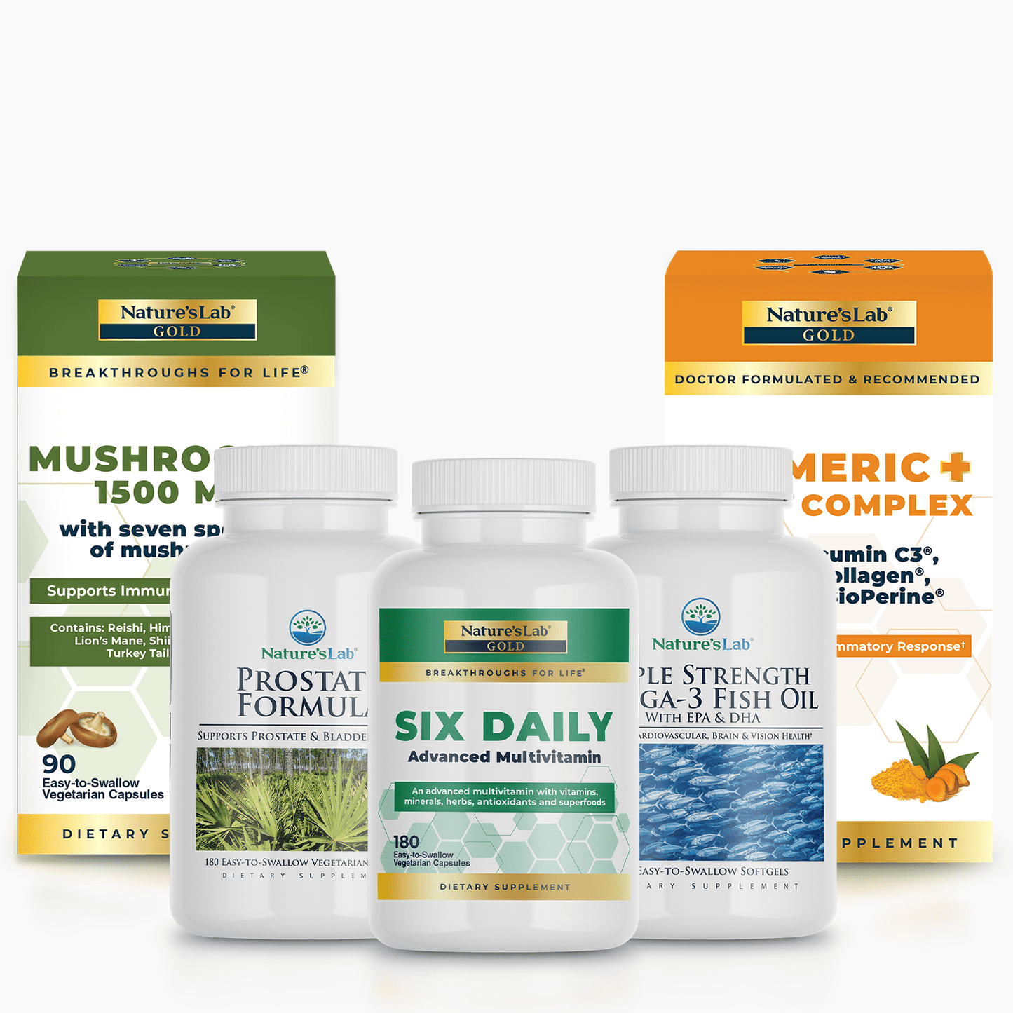 Nature's Lab Gold supplement kit with multiple daily formula bottles