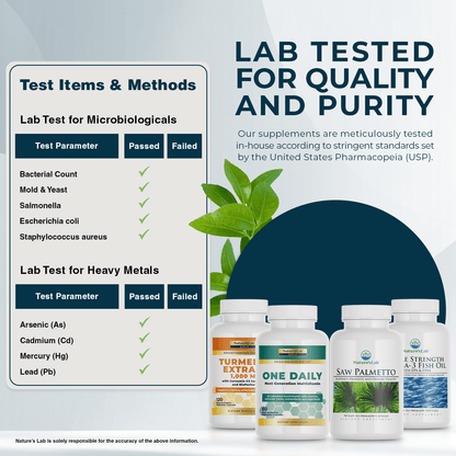 Lab tested quality and purity label with three supplement bottles on display