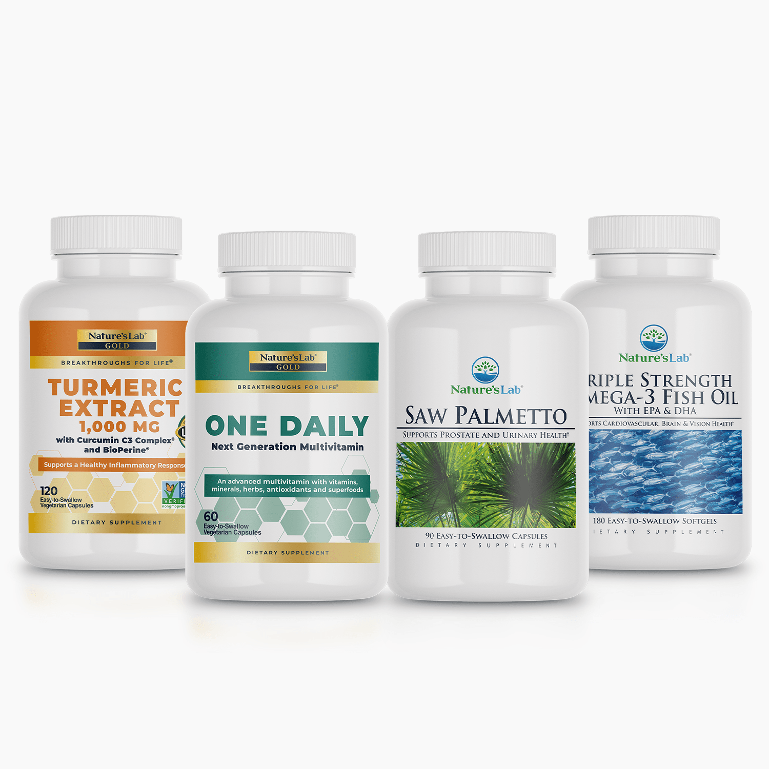 Dietary supplement bottle set with four capsule products: turmeric, multivitamin, saw palmetto