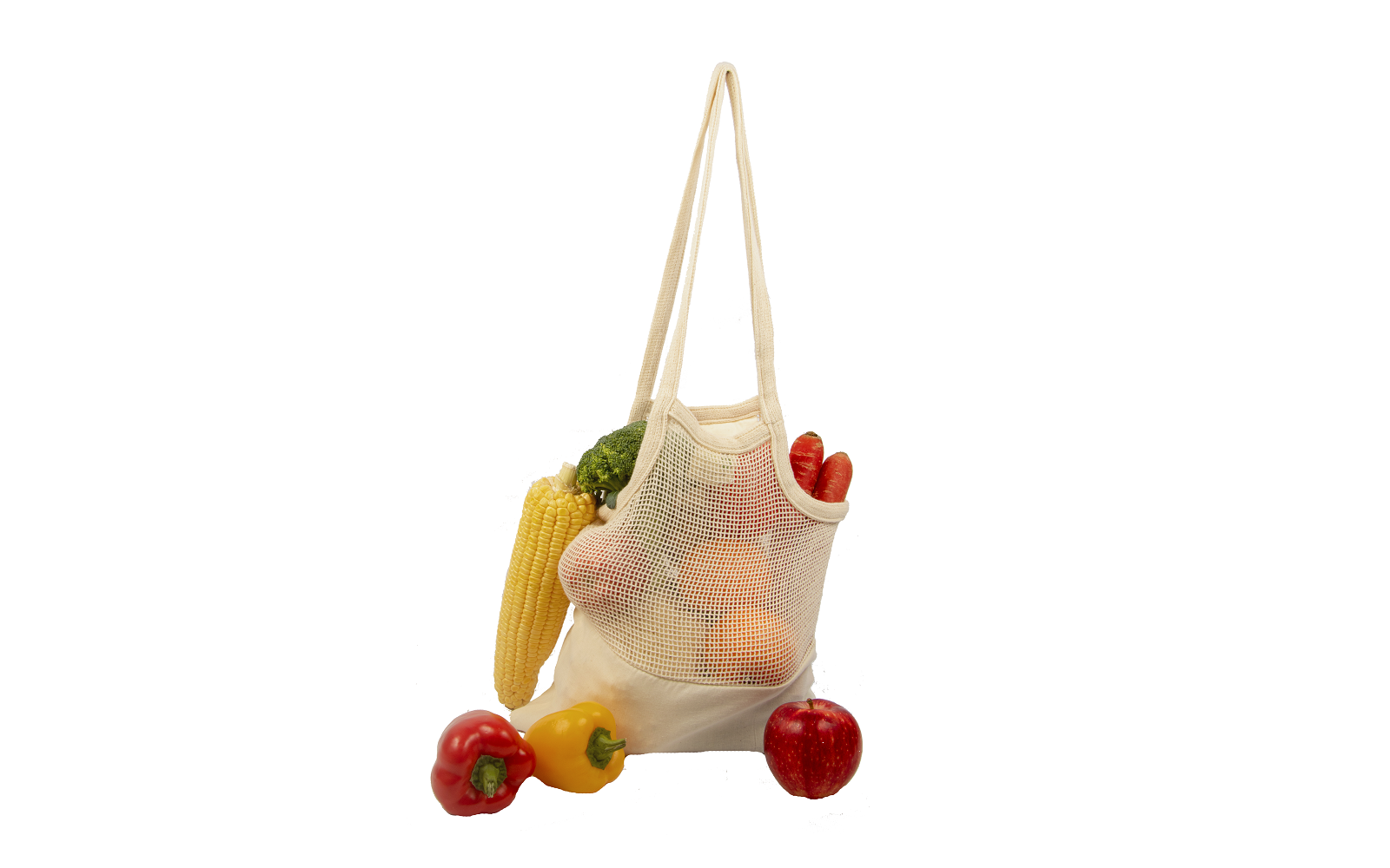 Beige mesh tote bag with long handles and open top