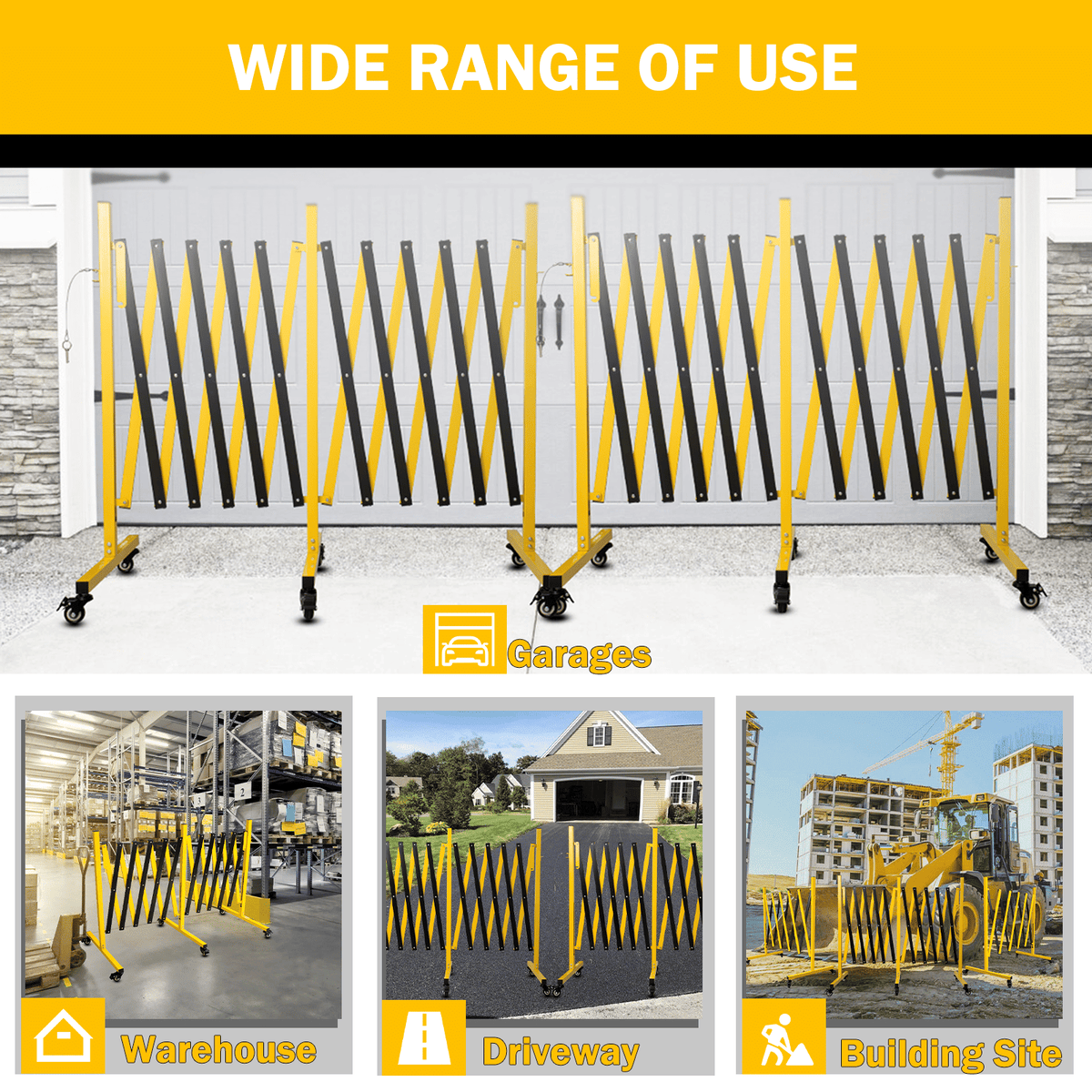 Metal Expandable Barricade,Folding Security Gate Safety Barrier with Casters,Mobile Barrier Gate, Adjustable Traffic Fence for Road Construction, Traffic Control,Cordon,Pool,Yellow Black - Renee Lane Company