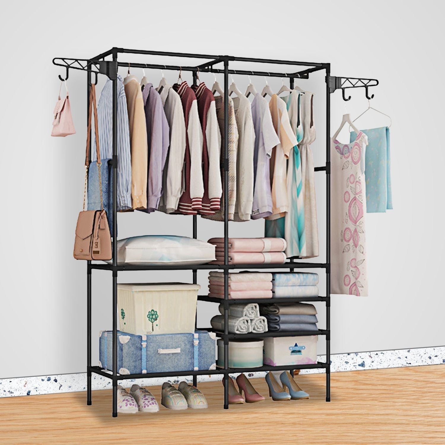 Metal Garment Rack Shoe Clothing Organizer Shelves Freestanding Multifunctional Clothes Wardrobe - Renee Lane Company