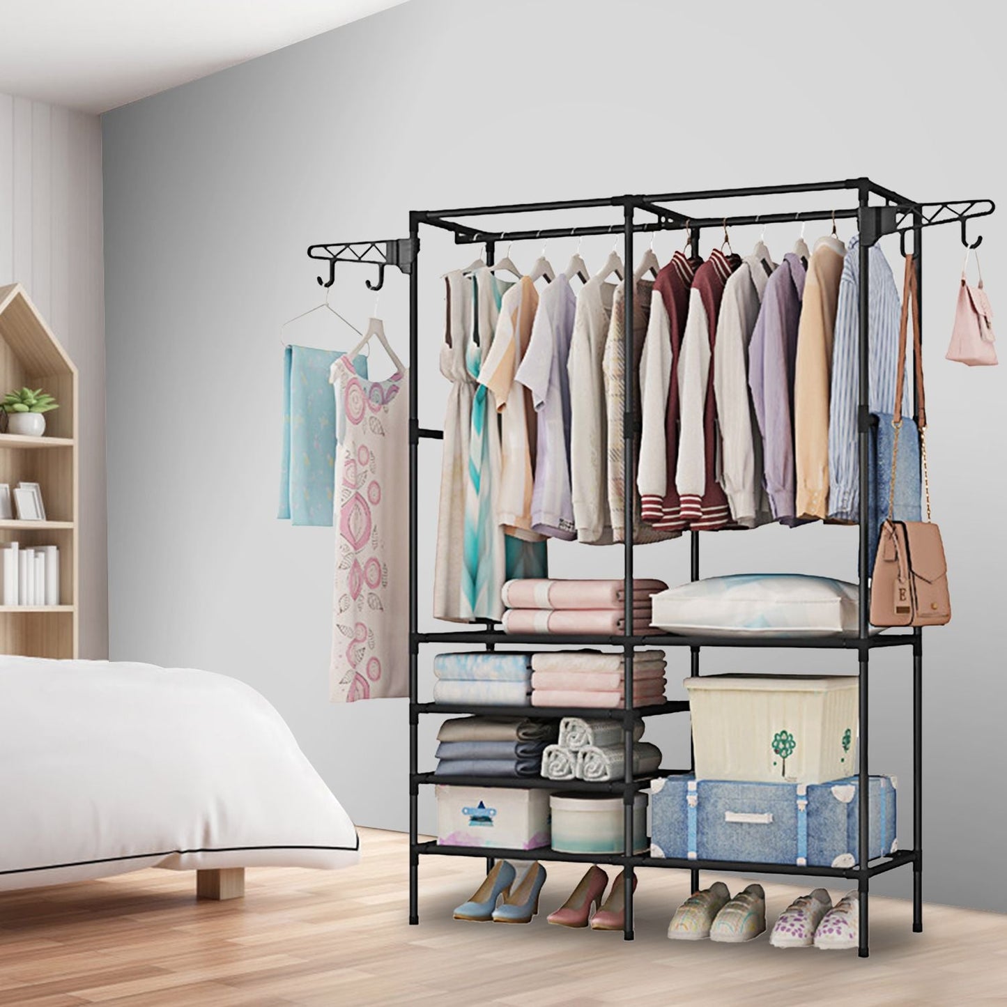Metal Garment Rack Shoe Clothing Organizer Shelves Freestanding Multifunctional Clothes Wardrobe - Renee Lane Company
