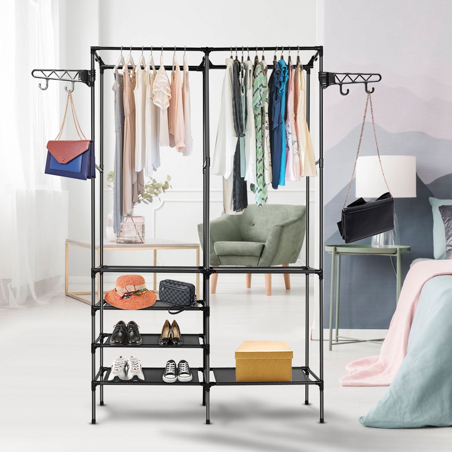 Metal Garment Rack Shoe Clothing Organizer Shelves Freestanding Multifunctional Clothes Wardrobe - Renee Lane Company